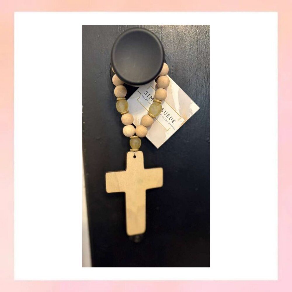 Boho Artisan Wood Bead Cross Ornament |Yellow Beads